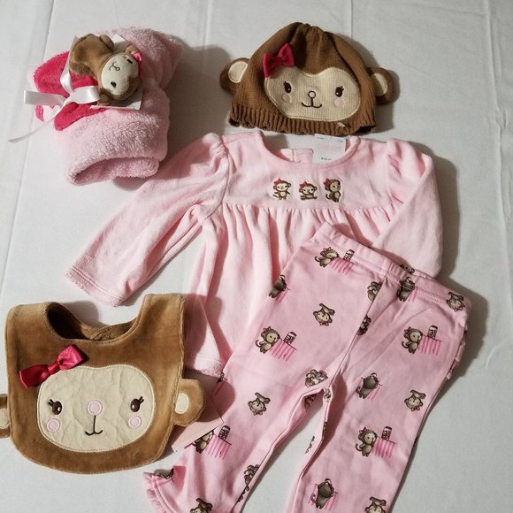 Gymboree Mischievous Monkey 6-12 Pants, shirt, bib, Pocket pal small Lovey, hat - Picture 2 of 5